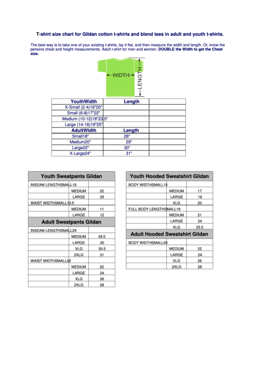 T-Shirt Size Chart For Gildan Cotton T-Shirts And Blend Tees In Adult And Youth T-Shirts Printable pdf