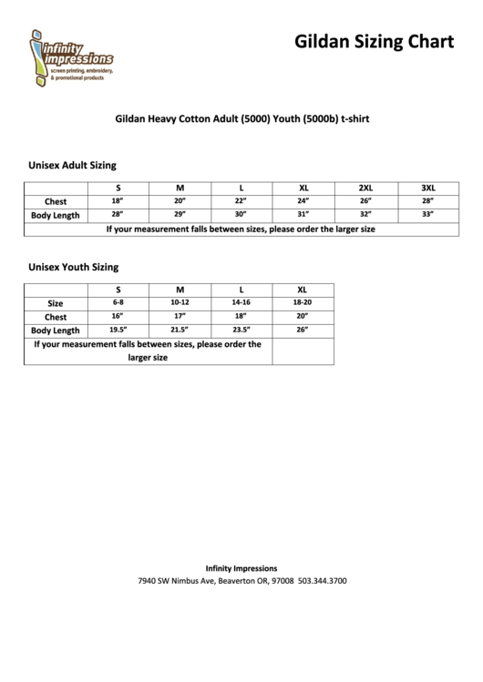 Gildan Heavy Cotton Adult (5000) Youth (5000b) T-Shirt Size Chart Printable pdf
