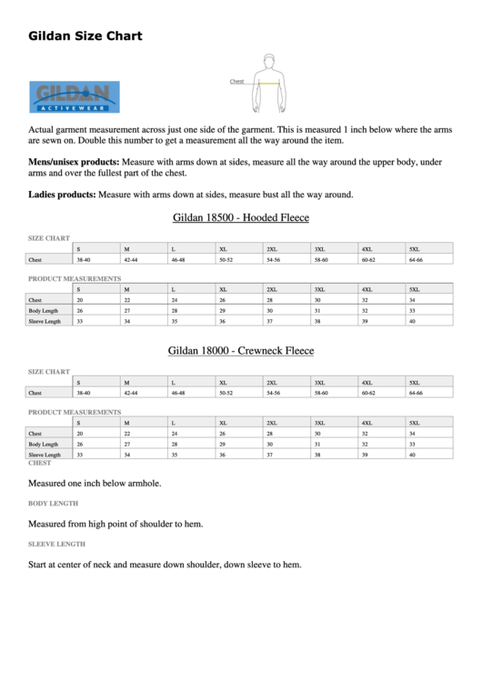 Gildan Size Chart Printable pdf