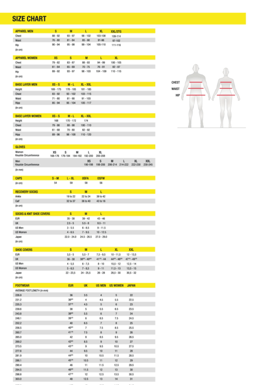 Mavic Male/female Camping Gear Size Chart Printable pdf
