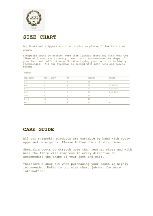 Ugg Size Chart Printable pdf
