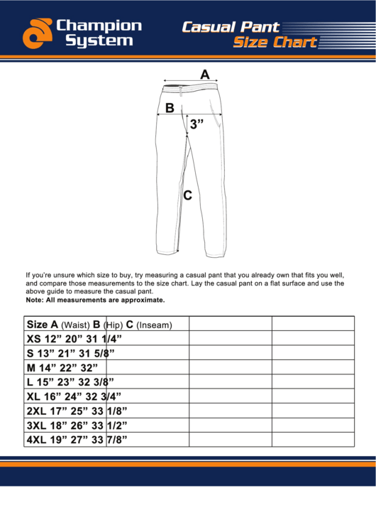 Champion System Casual Pant Casual Pant Size Chart Printable pdf