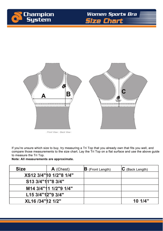 Champion System Women Sports Bra Size Chart Printable pdf