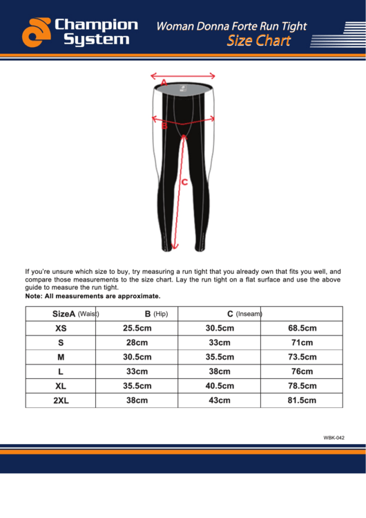 Champion System Woman Donna Forte Run Tight Size Chart Printable pdf