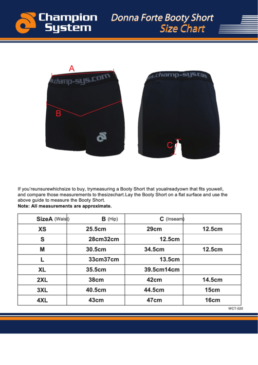Champion System Donna Forte Booty Short Size Chart