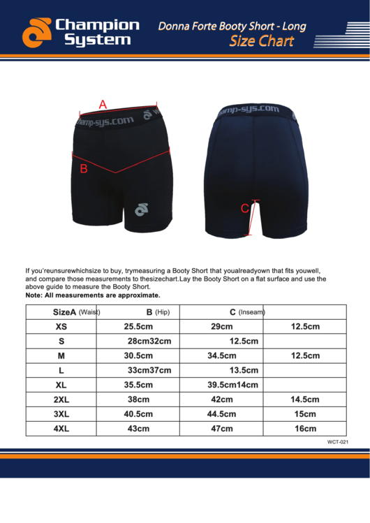 Champion System Donna Forte Long Booty Short Size Chart Printable pdf