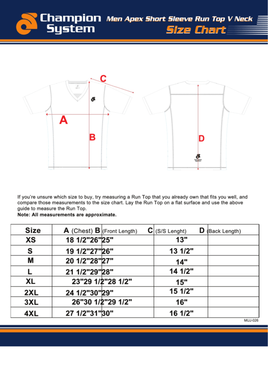 Champion System Men Apex Short Sleeve Run Top V Neck Size Chart Printable pdf