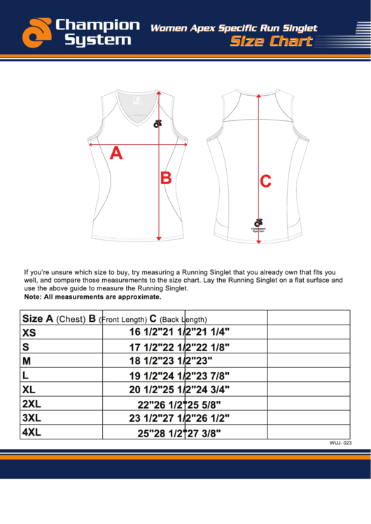 Women Apex Specific Run Singlet Size Chart Printable pdf