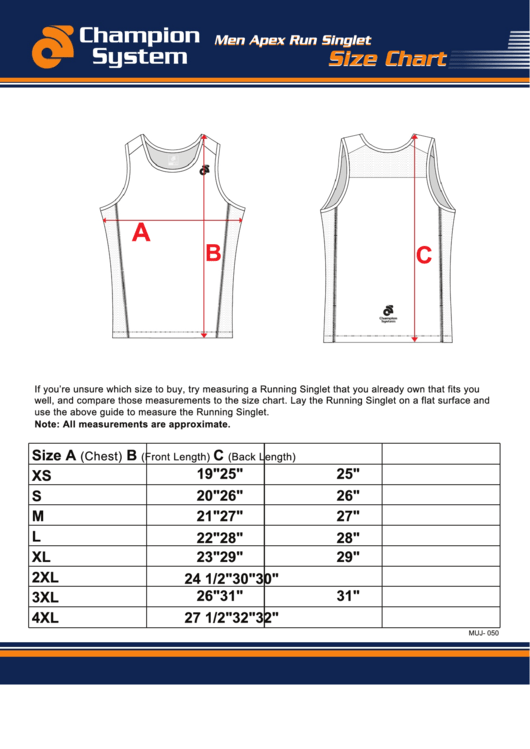 Champion System Men Apex Run Singlet Size Chart Printable pdf