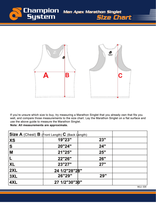 Champion System Men Apex Marathon Singlet Size Chart Printable pdf