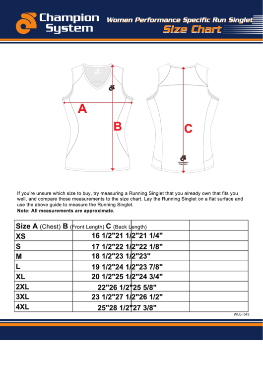 Women Performance Specific Run Singlet Size Chart Printable pdf