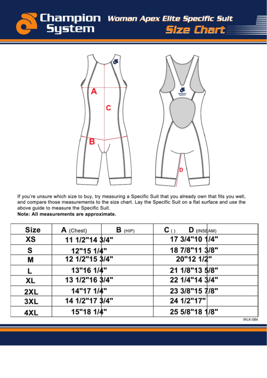 Champion System Woman Apex Elite Specific Suit Size Chart