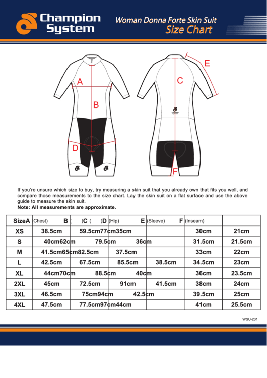 Champion System Woman Donna Forte Skin Suit Size Chart Printable pdf