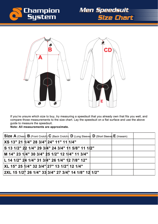 Champion System Men Speedsuit Size Chart Printable pdf