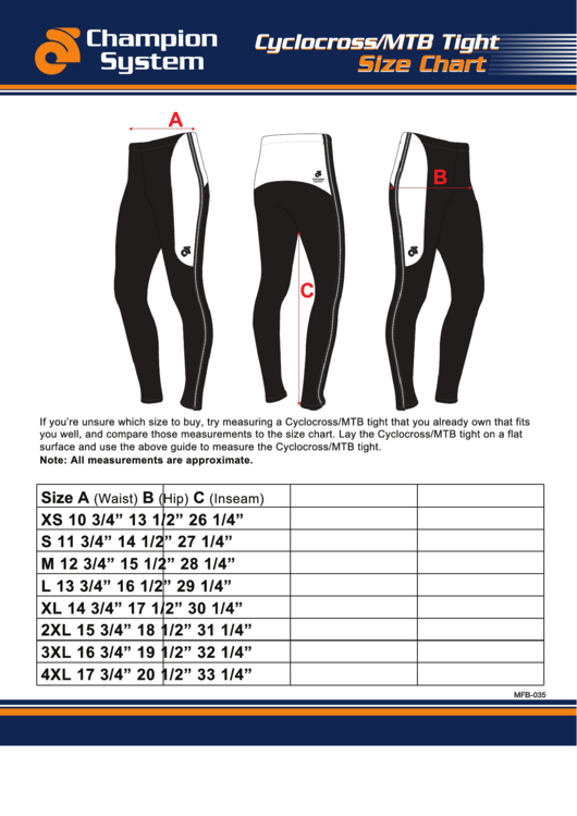 Champion System Cyclocross/mtb Tight Size Chart Printable pdf