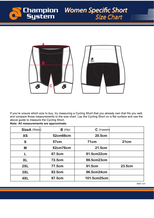 Champion System Women Specific Short Size Chart Printable pdf