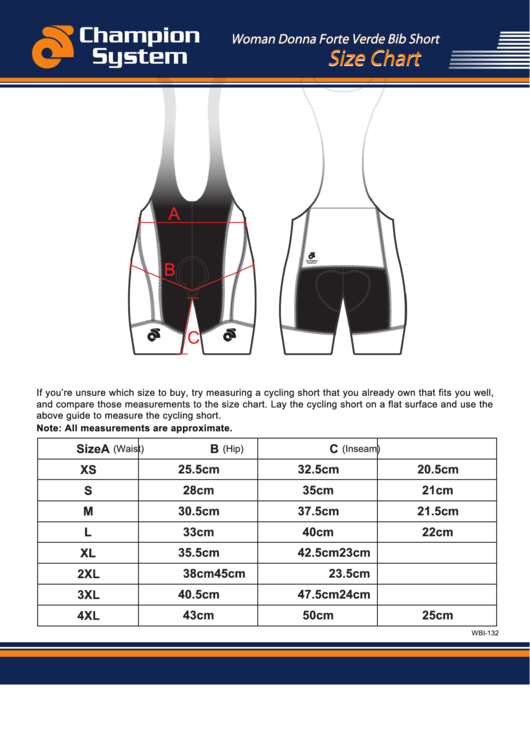 Champion System Woman Donna Forte Verde Bib Short Size Chart Printable pdf