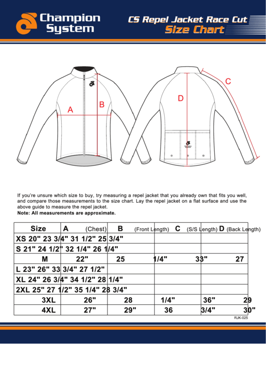 Champion System Repel Jacket Race Cut Size Chart Printable pdf