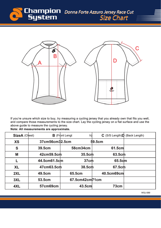 Champion System Donna Forte Azzuro Jersey Race Cut Size Chart Printable pdf