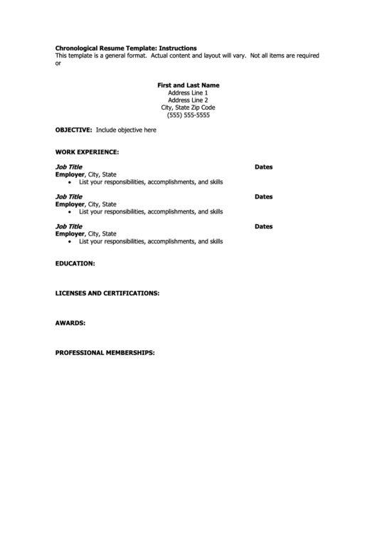 Chronological Resume Template Printable pdf