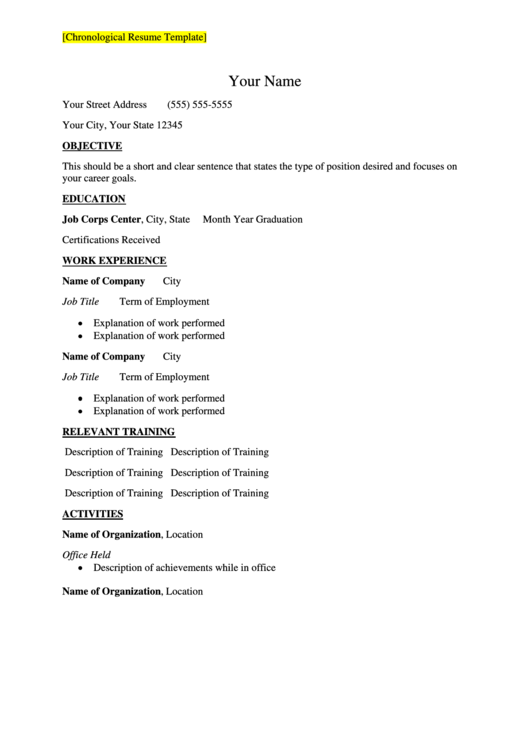 Chronological Resume Template Printable pdf