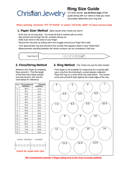 Christian Jewelry Ring Size Guide Printable pdf