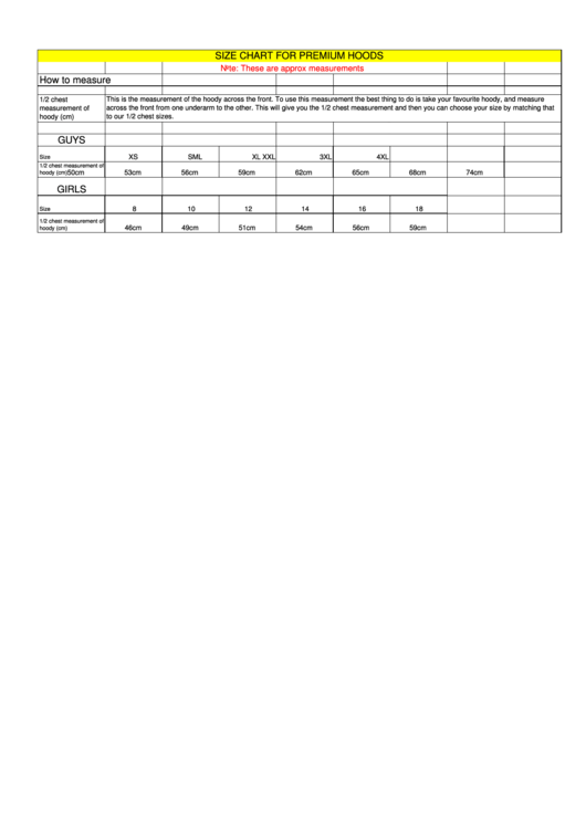 Seabreeze Apparel Size Chart For Premium Hoods Printable pdf