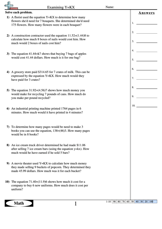 Examining Y = Kx Worksheet With Answer Key Printable pdf