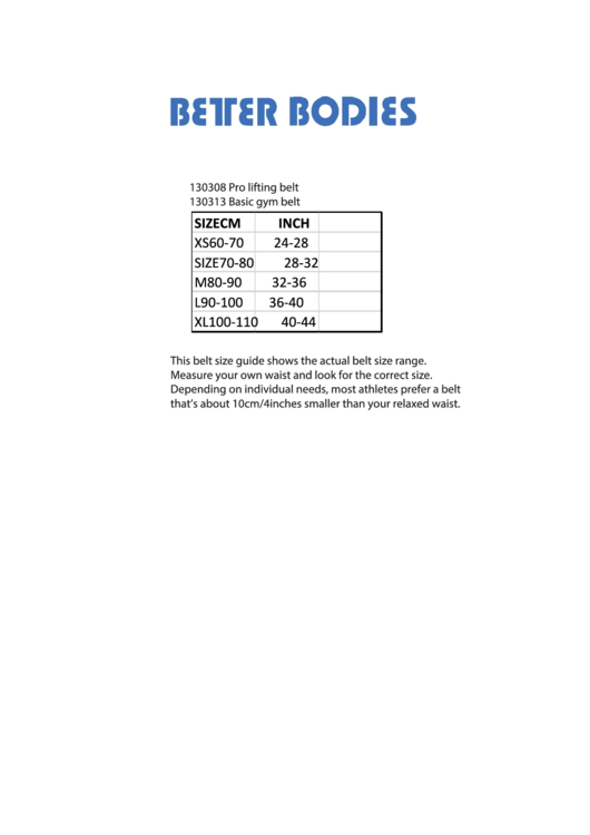 Better Bodies Lifting/gym Belt Size Chart Printable pdf