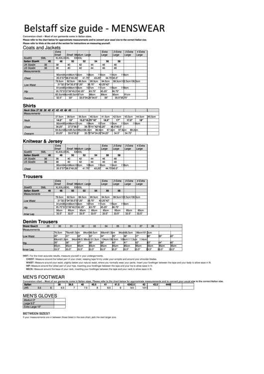 Belstaff Menswear Size Guide Printable pdf