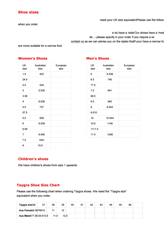 Shoe Size Conversion Chart Printable pdf