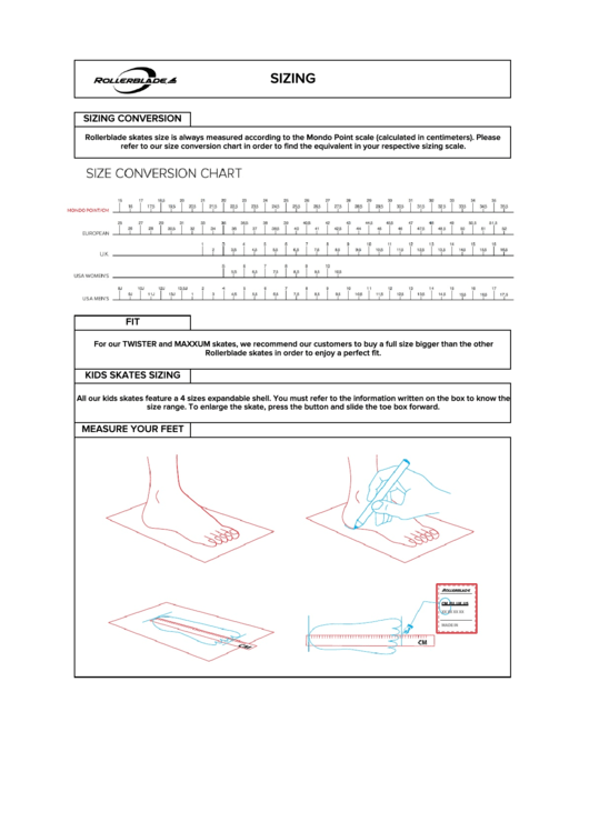 Rollerblade Sizing Conversion Chart printable pdf download