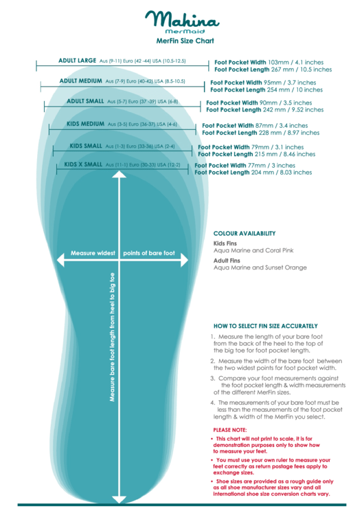 Mahina Mermaid Merfin Size Chart printable pdf download