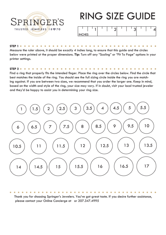 Springer'S Ring Size Guide printable pdf download