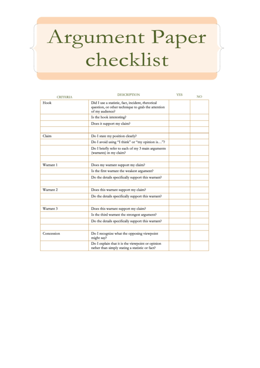Argument Paper Checklist Template Printable pdf