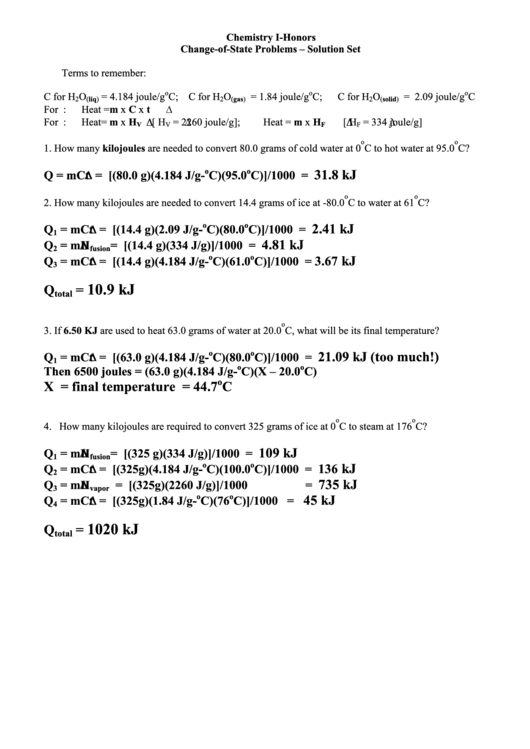 Change Of State Problems Chemistry I Honours Printable pdf