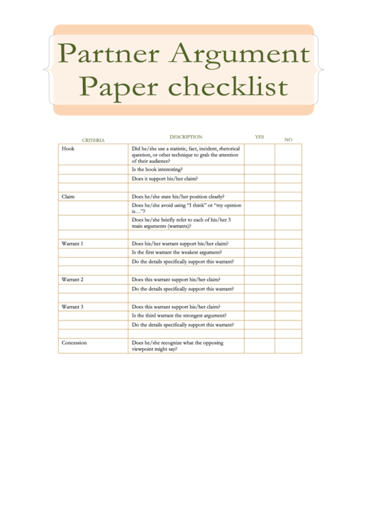 Partner Argument Paper Checklist Template Printable pdf