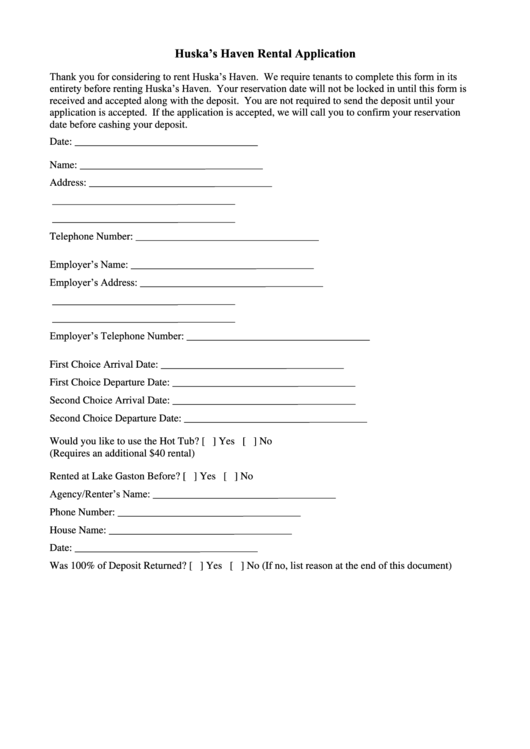 Huskas Haven Rental Application Printable pdf