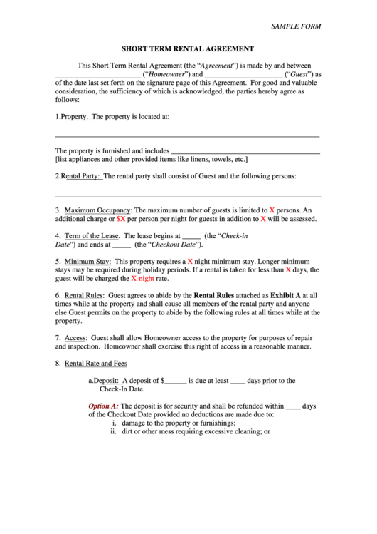 Sample Short Term Rental Agreement Form
