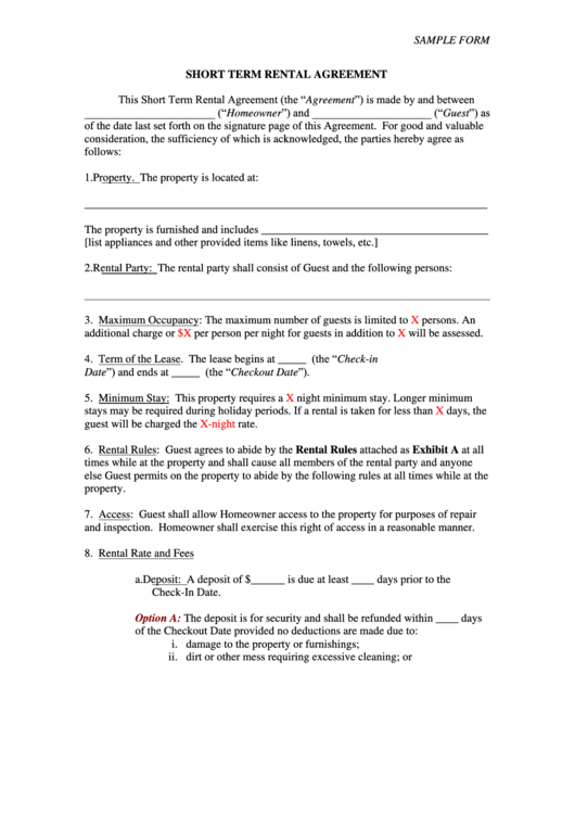 Sample Short Term Rental Agreement Form Printable Pdf Download