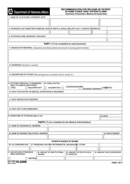Va Form 10-2406 - Recommendation For Release Of Patient In Home Other Than Patient