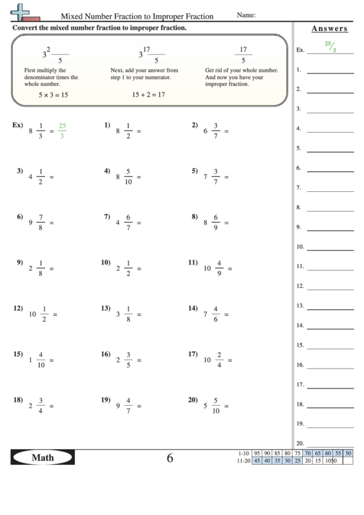 Mixed Number Fraction To Improper Fraction Worksheet With Answer Key Printable pdf