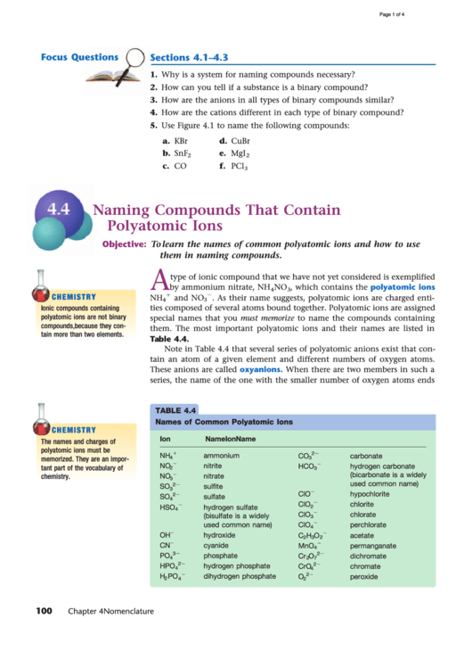 Naming Compounds That Contain Polyatomic Ions Worksheet printable pdf