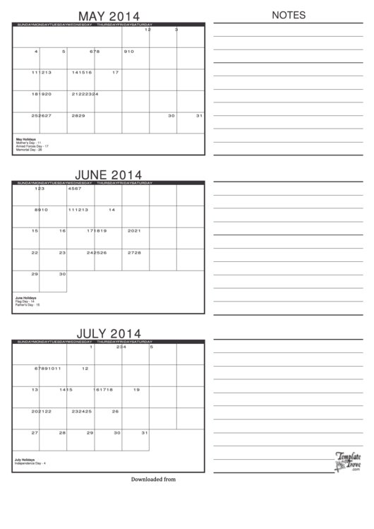 May, June & July 2014 Calendar Template Printable pdf