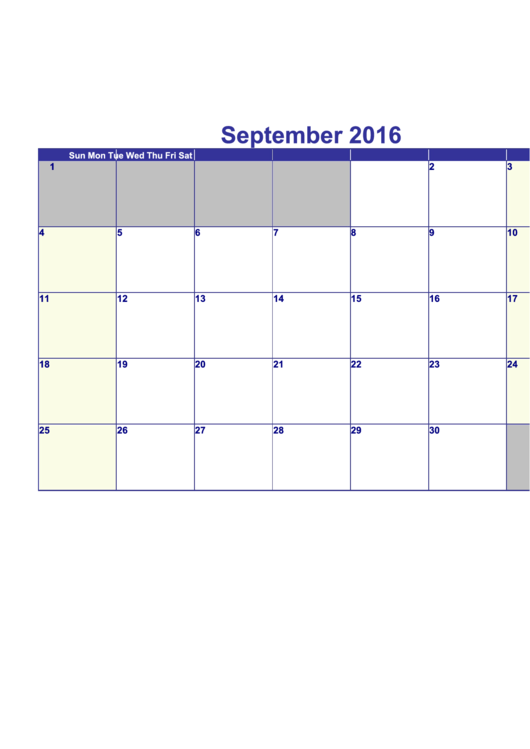 Calendar Template - September 2016 Printable pdf