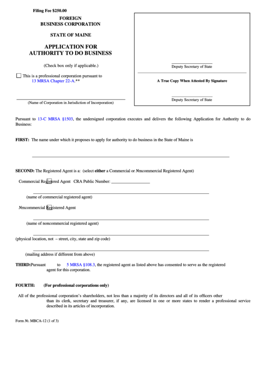 Fillable Form Mbca-12 - Foreign Business Corporation - Application For Authority To Do Business - 2008 Printable pdf