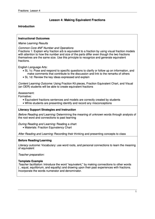 Making Equivalent Fractions Lesson Plan printable pdf download