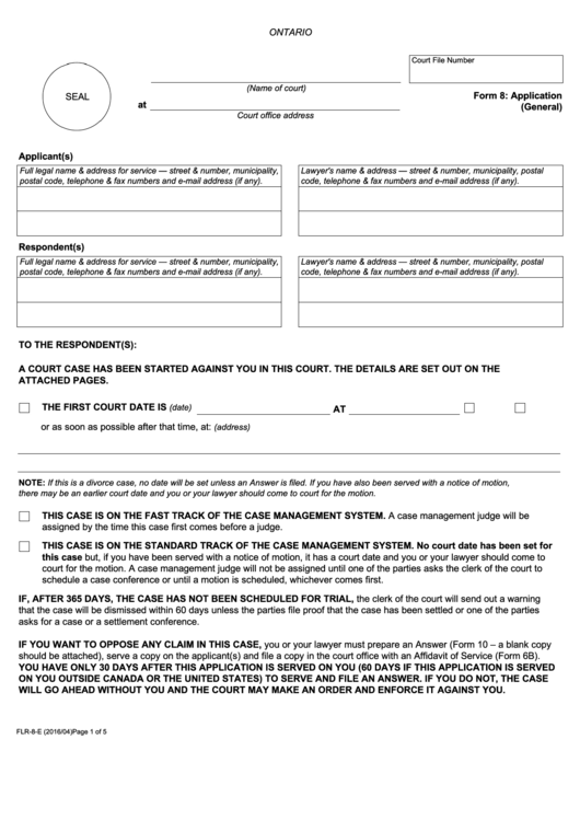 Fillable Form 8: Application (General) - Ontario Printable pdf
