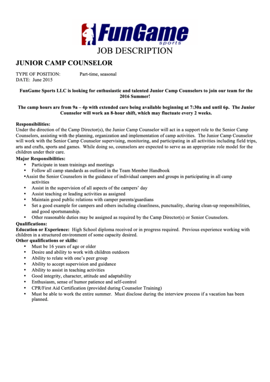 Junior Camp Counselor Job Description Sample Printable pdf