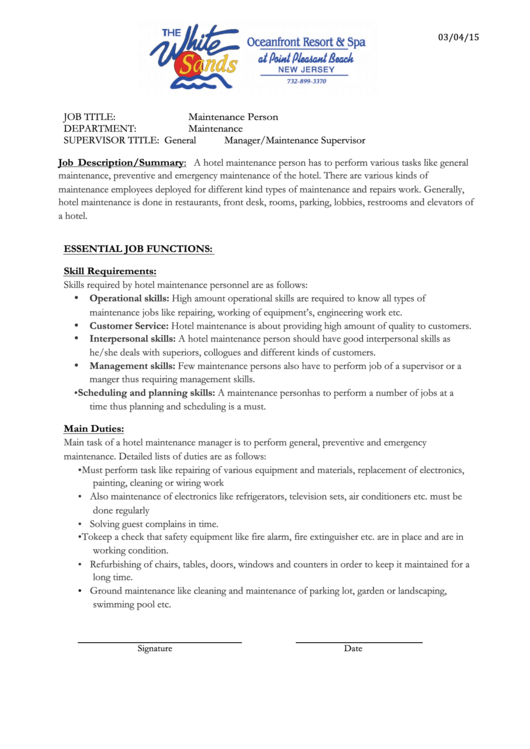 Maintence Person Job Description Sample Printable pdf